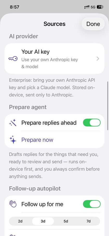 Mnemor's AI settings, with an option to use your own Anthropic key and toggles for each agent.