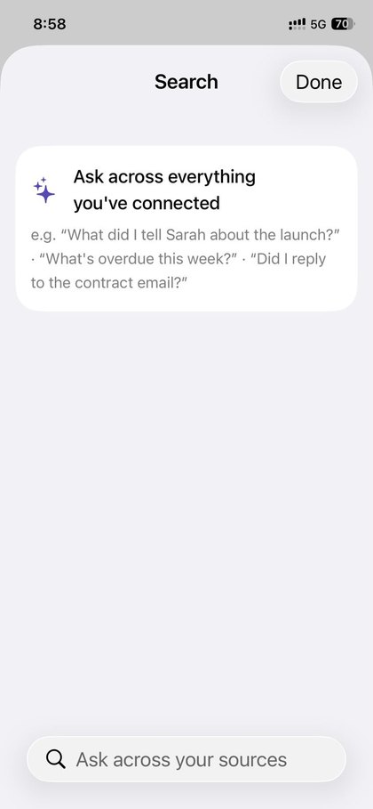 Mnemor's search screen, letting you ask a question across every connected source.