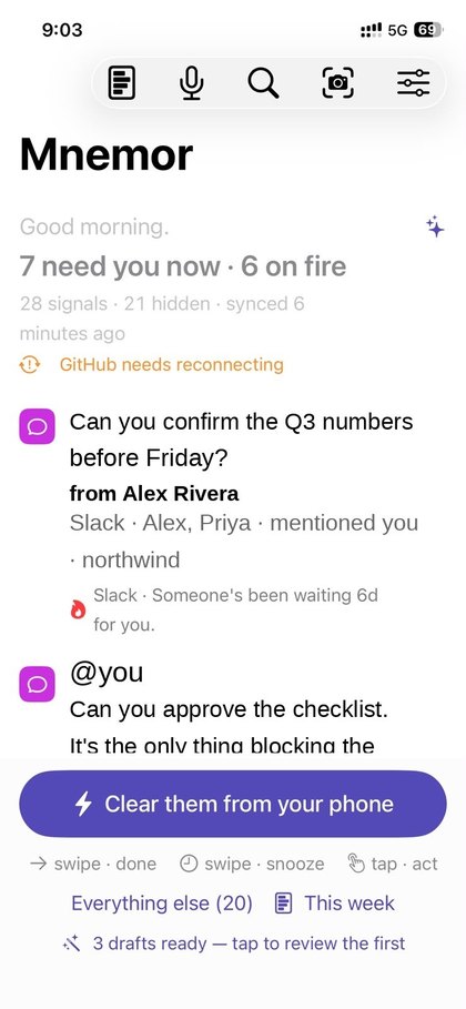 The Mnemor home screen, showing a ranked list of items that need a reply, each labelled with its source and how long someone has been waiting.