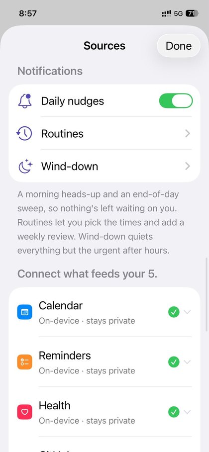 Mnemor's notification settings, showing daily nudges, routines and wind-down.