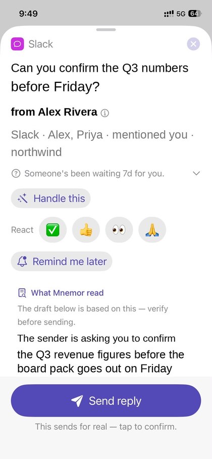 A Mnemor card opened, showing the message, what Mnemor read, and a Send reply button.