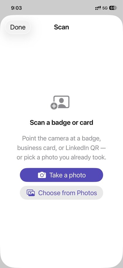 Mnemor's scan screen for reading a conference badge or business card with the camera.