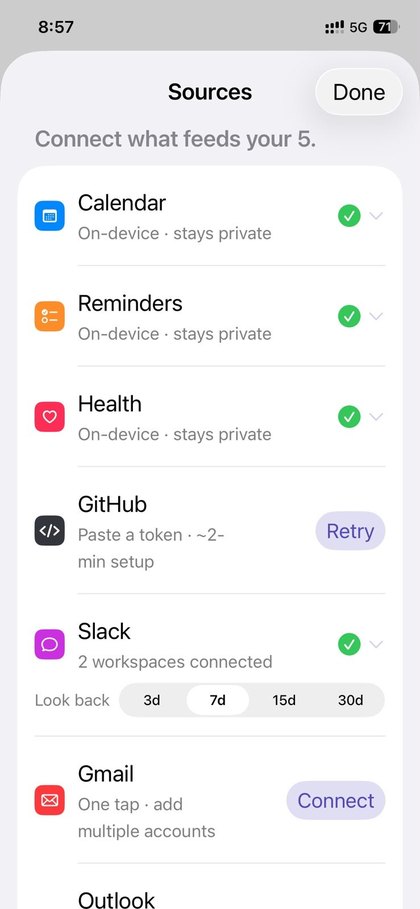 Mnemor's Sources screen, showing Calendar, Reminders, Health, GitHub, Slack, Gmail and Outlook, each with a Connect button.