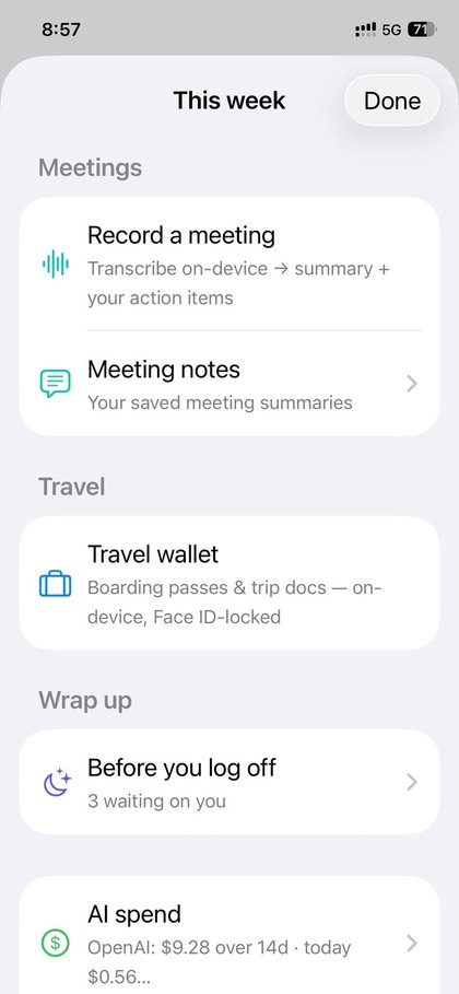 Mnemor's This week screen, with meeting recording, travel wallet and an end-of-day wrap up.